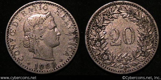 Switzerland, 1883B,  20 rappen, XF, KM29