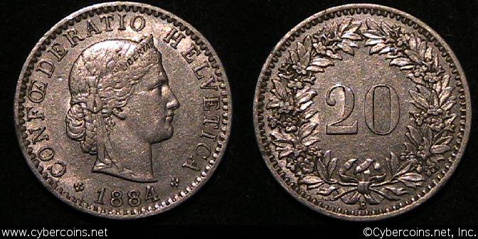 Switzerland, 1884B, 20 rappen,  XF, KM29