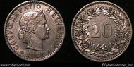 Switzerland, 1884B, 20 rappen,  XF, KM29
