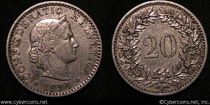 Switzerland, 1884B,  20 rappen, XF, KM29