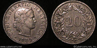 Switzerland, 1885B,  20 rappen, XF, KM29