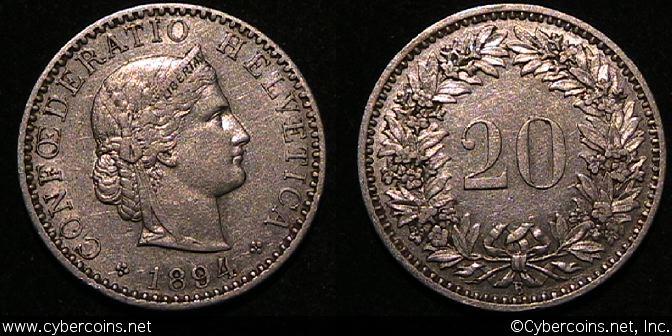 Switzerland, 1894B,  20 rappen, XF, KM29