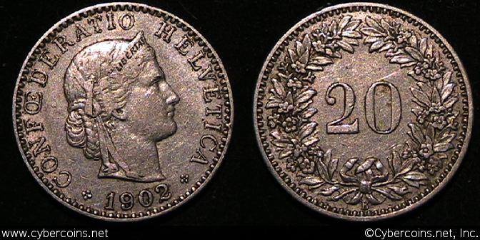 Switzerland, 1902B,   20 rappen, XF, KM29