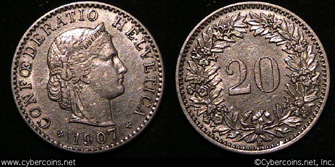 Switzerland, 1907B,  20 rappen,  XF, KM29