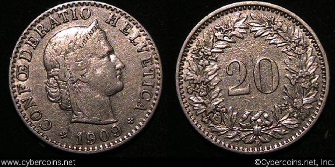 Switzerland, 1909B,  20 rappen,  XF, KM29