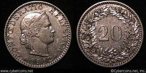 Switzerland, 1912B,   20 rappen, XF, KM29