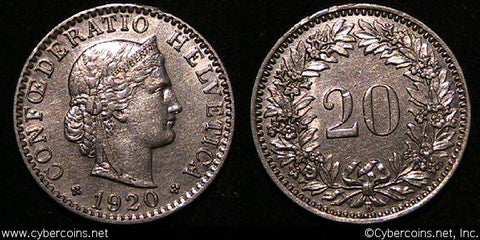 Switzerland, 1920B,   20 rappen, AU, KM29
