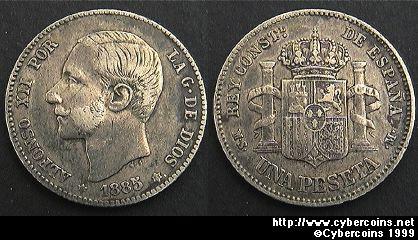 Spain, 1885(86),  1 peseta,  VF/XF, KM686