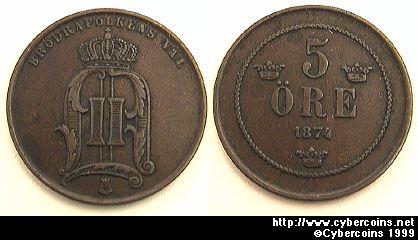 Sweden, 1874,   5 ore,  XF, KM736
