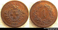 Switzerland, 1902B, 1 rappen, XF damaged, KM3