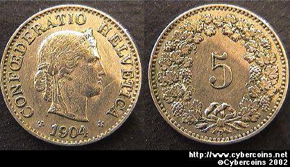 Switzerland, 1904B, 5 rappen,  XF, KM26