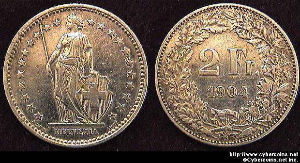 Switzerland, 1904B,  2 francs, XF, KM24