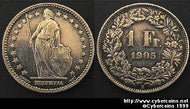 Switzerland, 1905B,  1 franc, XF, KM24