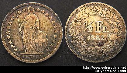 Switzerland, 1882B,  1/2 franc, VF, KM23