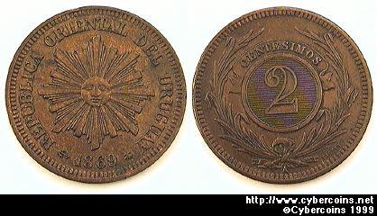 Uruguay, 1869A, AU, KM12 - 2 centes...